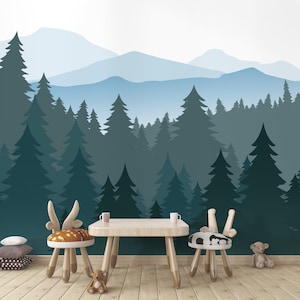 Forest wall mural Peel and Stick wallpaper Pine tree Woodland Adventure nursery art Kids room ombre misty Mountain wall mural Nature decor