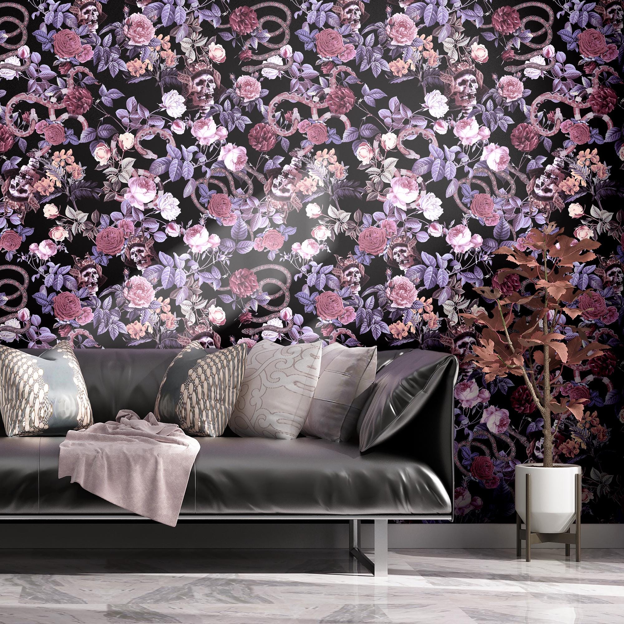 Dark Gothic Wallpaper Skull Snake Floral Pastel Goth Wall Mural