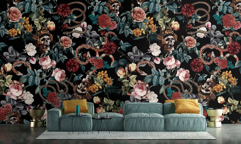 Skull and snakes dark floral wallpaper Peel and Stick removable Gothic art wall mural Vintage Flowers roses botanical black accent wallpaper image 1