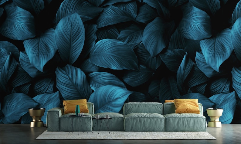 Ocean Blue Dark Wallpaper Tropical Leaves Wall Mural Peel and - Etsy