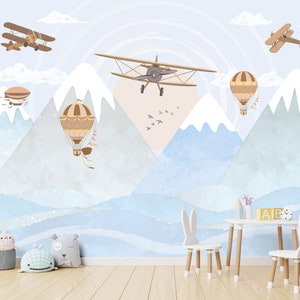 Airplane wallpaper Peel-and-stick Removable Boys room wallpaper Sky Mountain wall mural Kids room decor Air plane Nursery Air balloon art