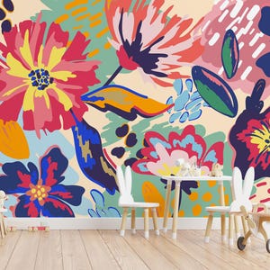 Bunte florale Peel and Stick Abnehmbare Wandbild Große Blumen funky helle Tapete Maximalist Wanddekor Leinwand texturierte Tapete