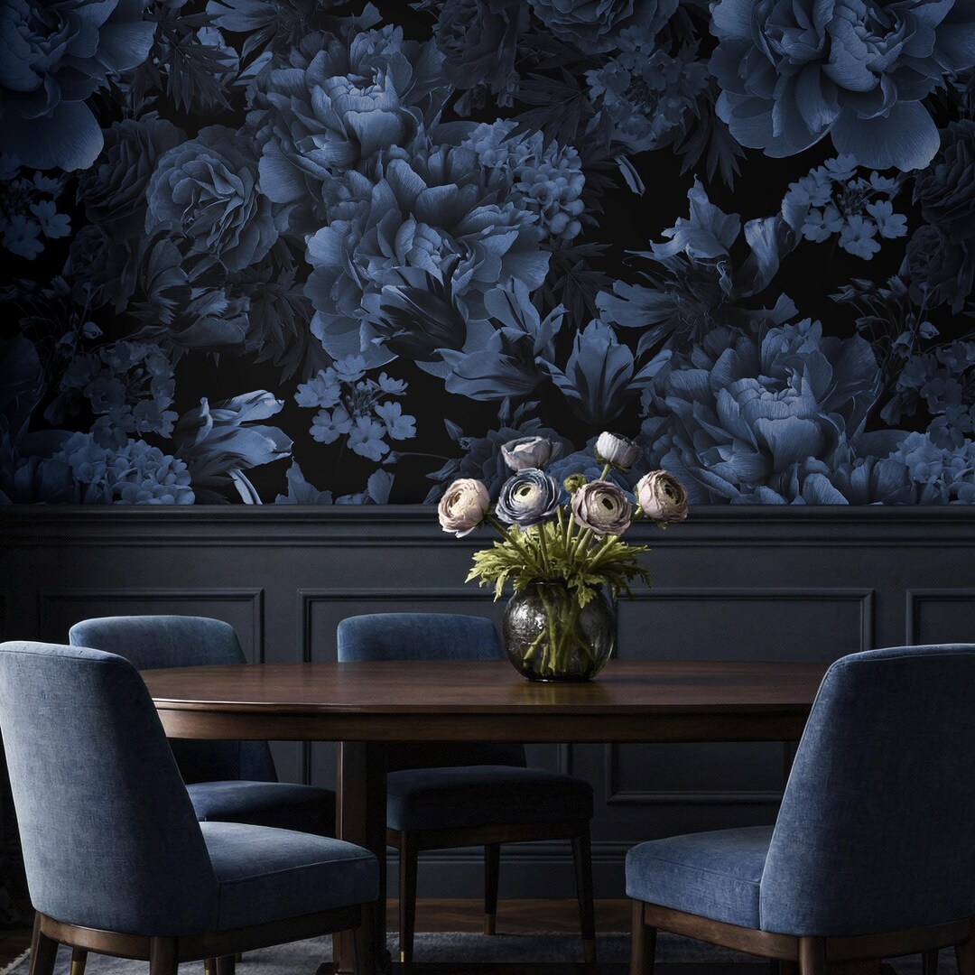 Dark Blue Floral Wallpaper Vintage Flowers Mural Peel and Stick or ...