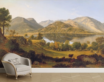 Landscape mural wallpaper peel and stick Removable Vintage scenic countryside rural painting wall mural Mountains wallpaper Lake