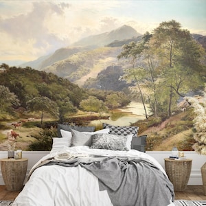 Mountain Landscape mural wallpaper Peel and stick rural painting scenic Removable vintage wall mural