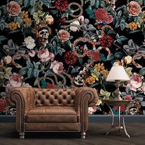 Skull and snakes dark floral wallpaper Peel and Stick removable Gothic art wall mural Vintage Flowers roses botanical black accent wallpaper image 2