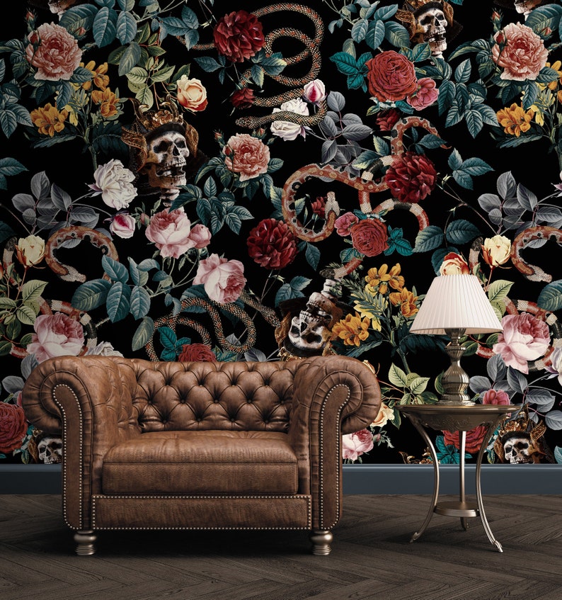 Skull and snakes dark floral wallpaper Peel and Stick removable Gothic art wall mural Vintage Flowers roses botanical black accent wallpaper image 2