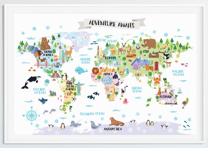 adventure awaits world map poster for kids room decor nursery etsy