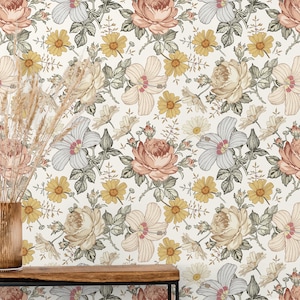 Vintage Boho Blumentapete Schälen und Stick entfernbares temporäres Wandbild Aquarellblumen für Wohnzimmer, Schlafzimmer, Kinderzimmer von Baby, Mädchen