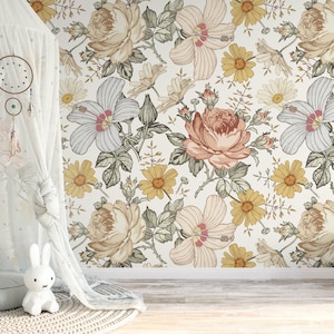 Vintage flowers boho wallpaper Peel-n-Stick girls nursery decor floral wall mural botanical hibiscus removable yellow flowers wallpaper