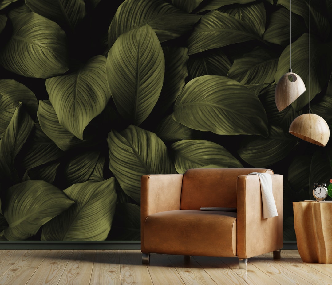 Olive Green Wallpaper Tropical Leaves Wall Mural Peel and Stick
