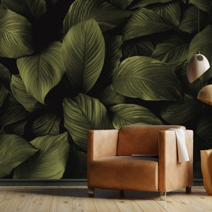 Olive green wallpaper tropical leaves wall mural - Peel and Stick Removable botanical giant leaf wallpaper Bedroom decor, dark plants nature
