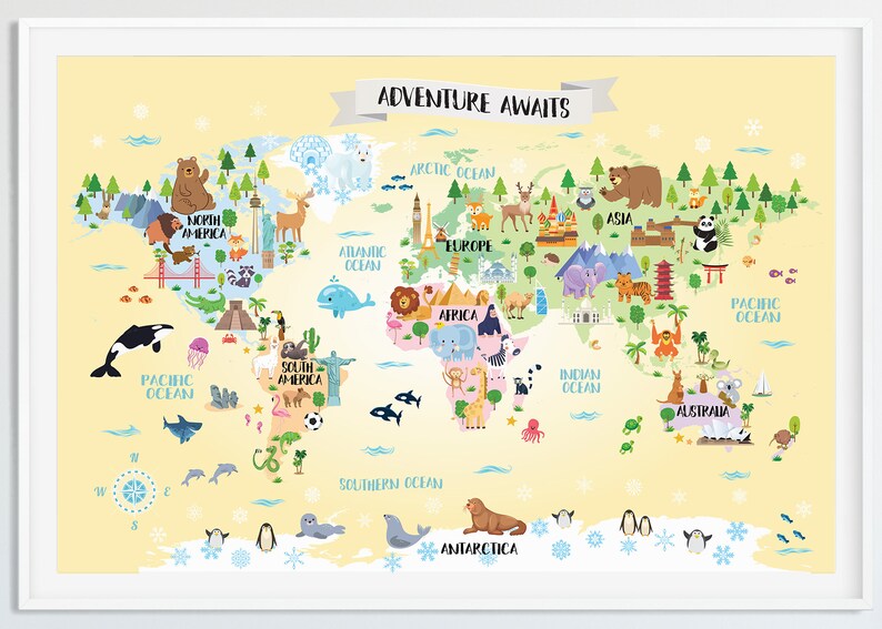 adventure awaits world map poster for kids room decor nursery etsy