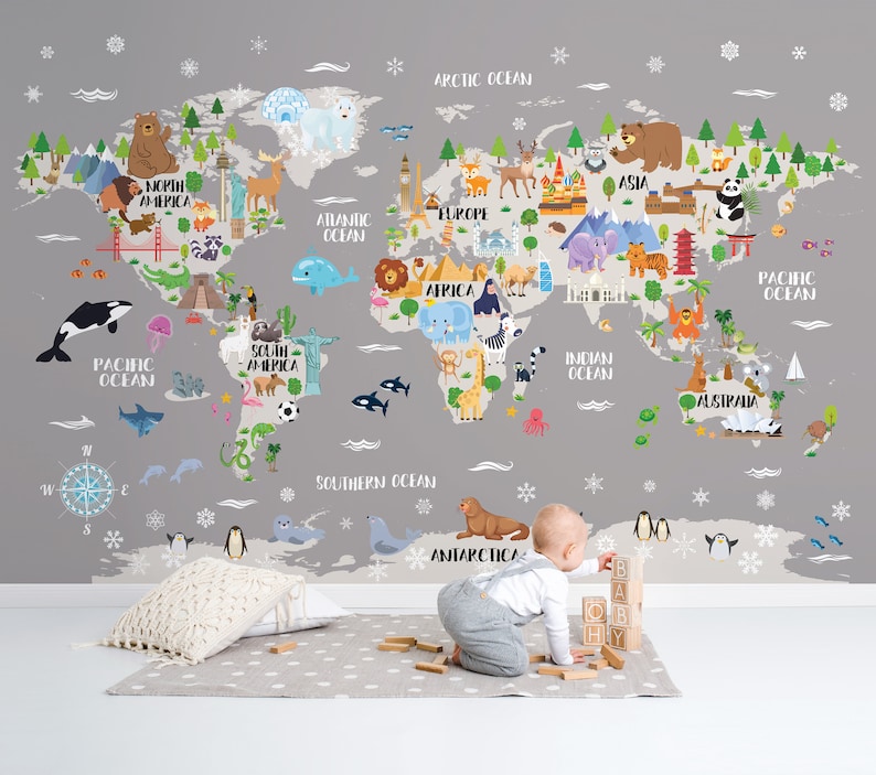 Kids world map wallpaper Animal nursery world map wall decal Removable Gray Peel stick Kids room decor Playroom wall art Baby room Safari image 1