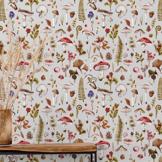 Mushrooms Wallpaper Gray Peel and Stick Botanical Fungi | Etsy