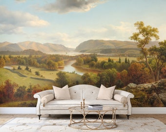 Landscape mural wallpaper Vintage Countryside Removable peel-and-stick Scenic painting mural, Village, trees river decor wall art