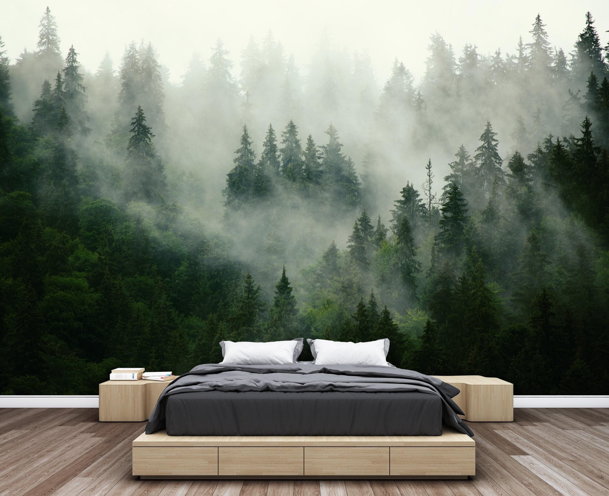 Foggy Forest Wall Mural Peel and Stick Traditional Wallpaper Misty Pine ...