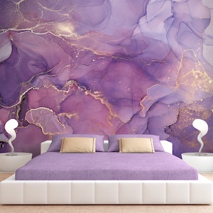Purple marble wallpaper Removable Peel and Stick Abstract fluid art wall mural for bedroom, living room accent wall, marble texture