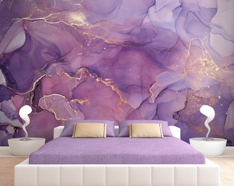 Purple marble wallpaper Removable Peel-n-stick Abstract fluid art wall mural for bedroom, living room accent wall, marble texture