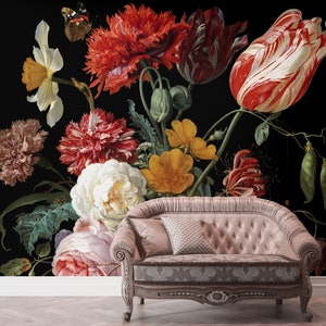 Big Flowers Wallpaper Vintage Peel and Stick Peony Dark Floral Wall Mural