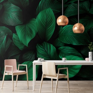 Dark green wallpaper tropical leaves wall mural - Peel and Stick Removable botanical leaf wallpaper Bedroom decor, moody plants nature