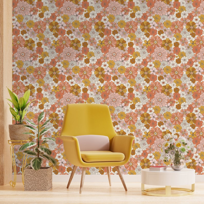 1970s Floral Wallpaper Vintage Boho Orange Pink Flowers Decor - Etsy