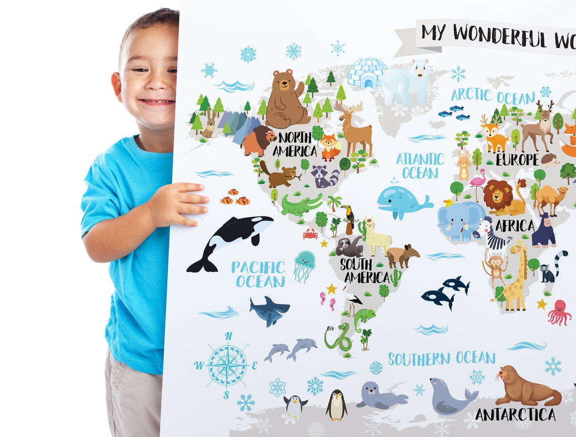 Printable Nursery Animal world map for Kids room decor Animal Etsy