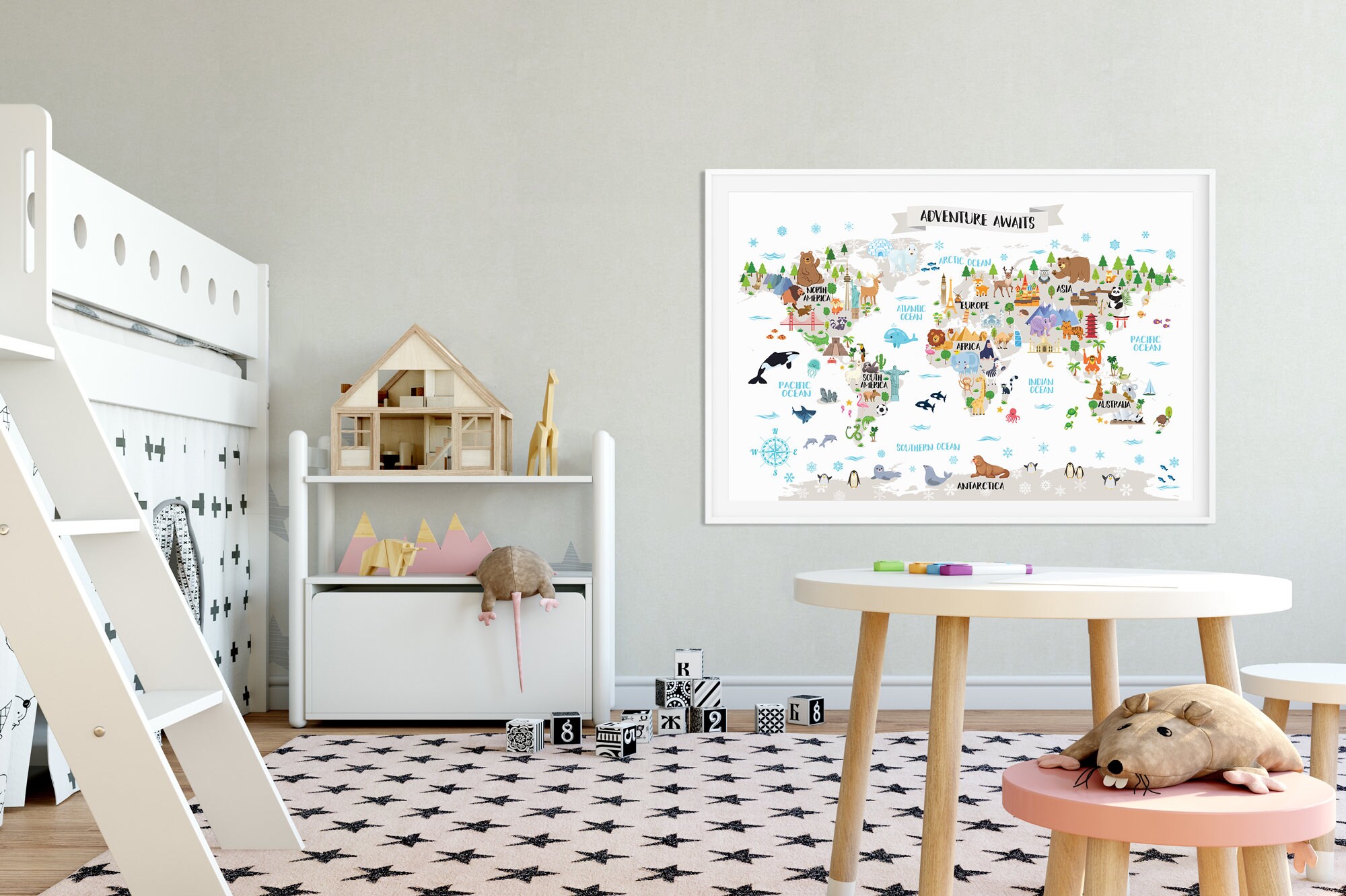 Kids world map poster Animal world map Playroom wall decor | Etsy