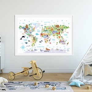 World map print Kids poster World map landmarks Animal nursery print Playroom wall art Kids room decor Children wall art Gift boys and girls image 3