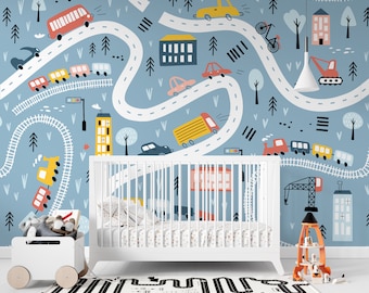 Cars blue Wallpaper for Boys room decor Peel and Stick Vinyl wall mural Transportation cars and trains Toddler room Baby boy nursery decor