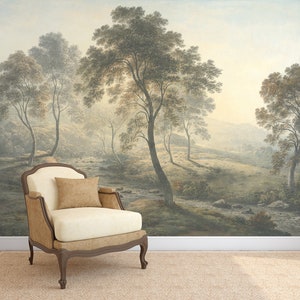 Sunny day in the hills Vintage landscape wallpaper Removable peel-and-stick Scenic painting mural, Village, trees Countryside decor wall art image 2