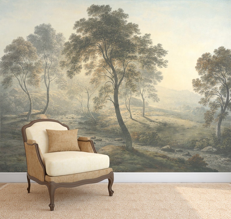 Sunny day in the hills Vintage landscape wallpaper Removable peel-and-stick Scenic painting mural, Village, trees Countryside decor wall art image 2