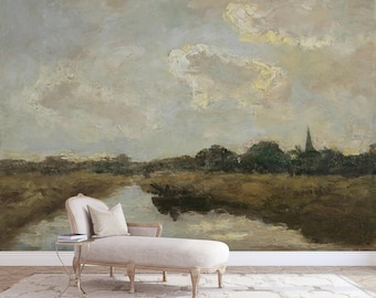 Landscape mural wallpaper Oil painting Peel and stick Removable Vintage scenery decor wall art Scenic wallpaper, River countryside