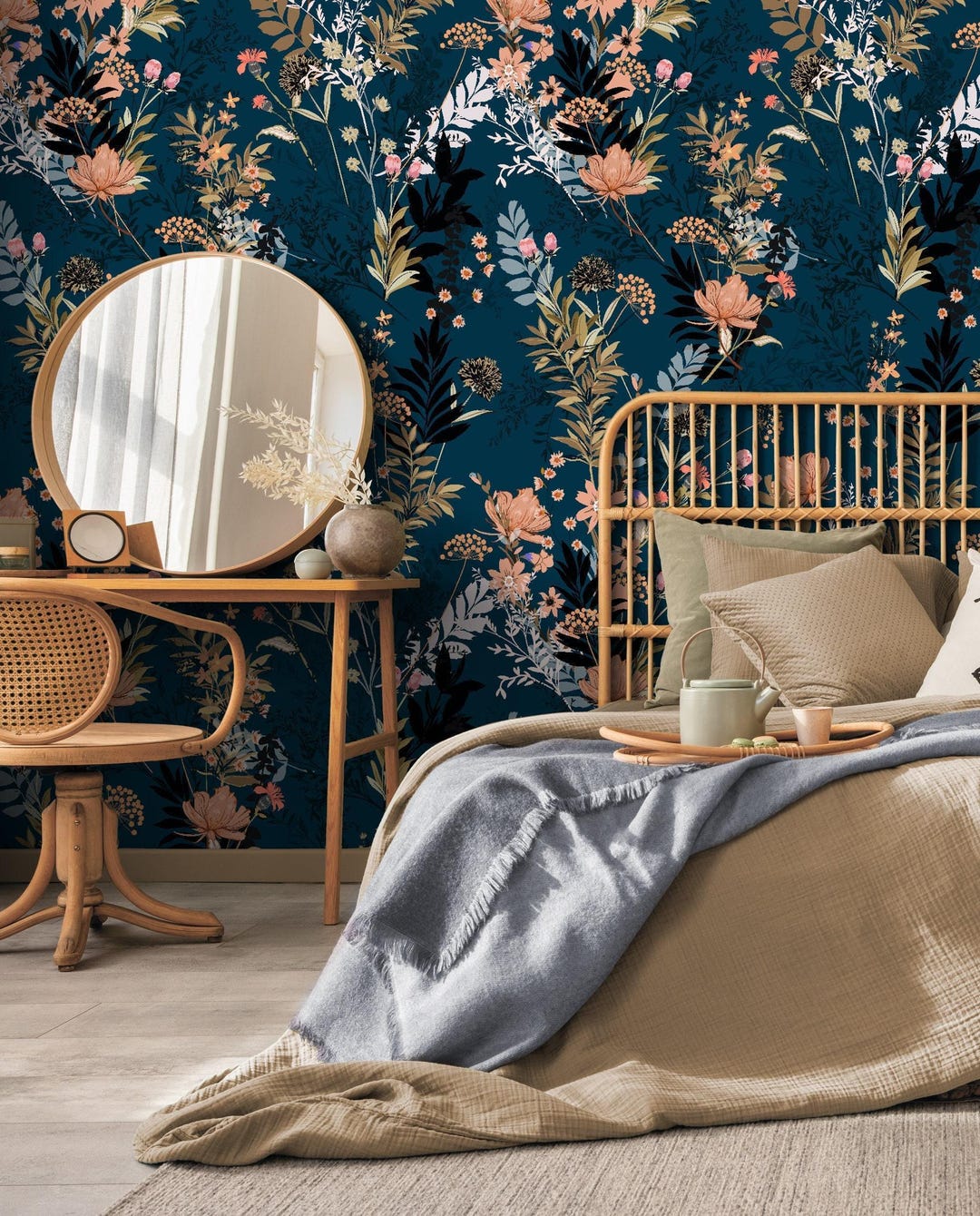 Dark Blue Floral Wallpaper Peel and Stick or Traditional Botanical Wall ...