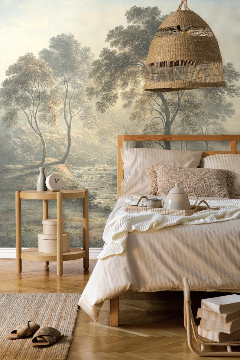 Sunny day in the hills Vintage landscape wallpaper Removable peel-and-stick Scenic painting mural, Village, trees Countryside decor wall art image 4