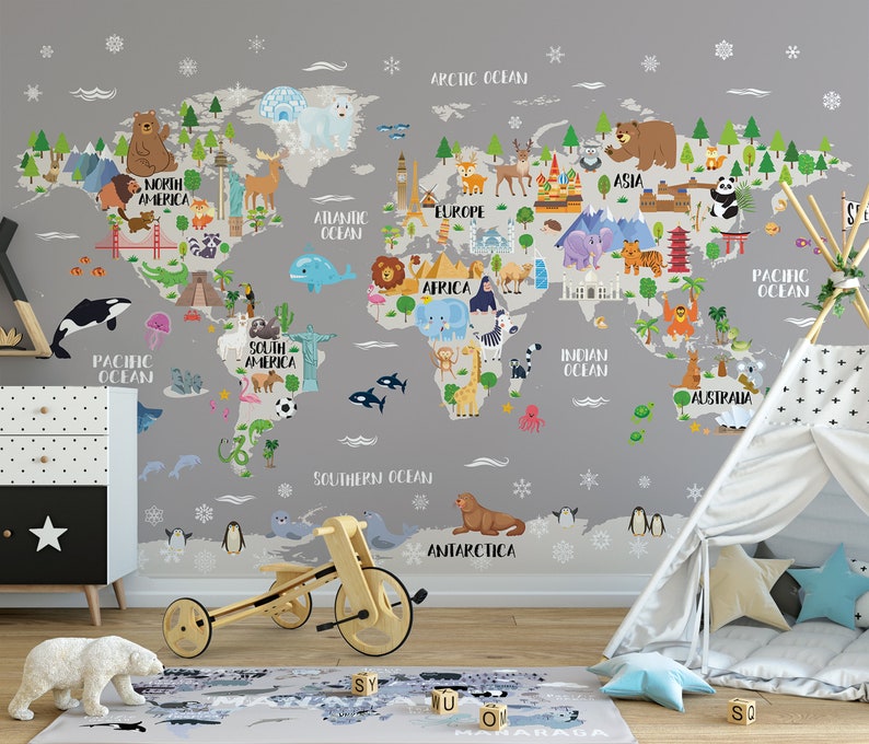 Kids world map wallpaper Animal nursery world map wall decal Removable Gray Peel stick Kids room decor Playroom wall art Baby room Safari image 5