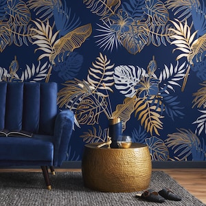 Dark blue wallpaper tropical Peel and Stick Removable wall mural Non-Metallic large leaves modern navy blue wallpaper