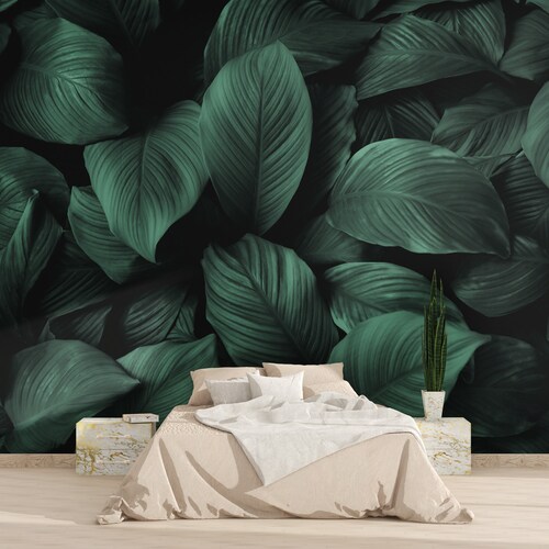 Moody Green Leaves Wallpaper Tropical Wall Mural Peel and Etsy