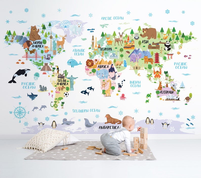 Nursery World Map Decal Removable Wallpaper Kids Room Decor Etsy