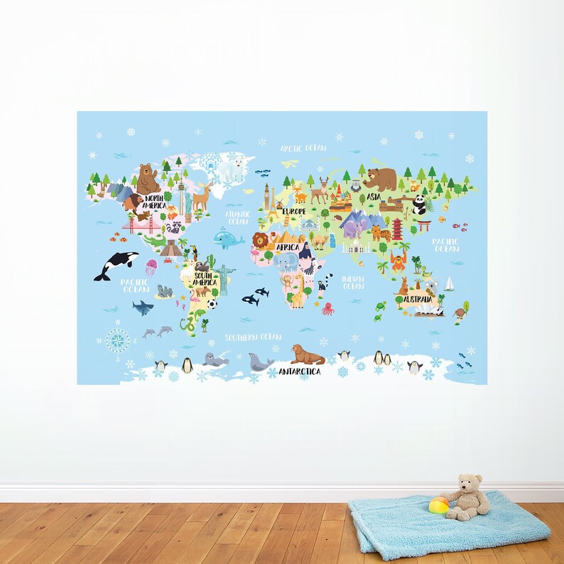 Animal World Map Wallpaper Kids Nursery Peel and Stick Playroom Wall ...