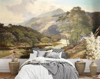 Mountain Landscape mural wallpaper Peel and stick rural painting scenic Removable vintage wall mural