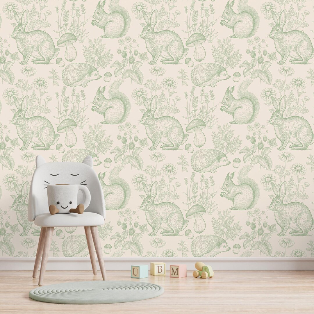Woodland Animals Wallpaper Peel and Stick Removable Sage Green Forest ...