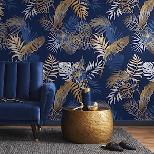 Dark Blue Tropical Wallpaper: Large Leaf Wall Mural Non-Metallic Navy Botanical Peel and Stick or Traditional Wallpaper