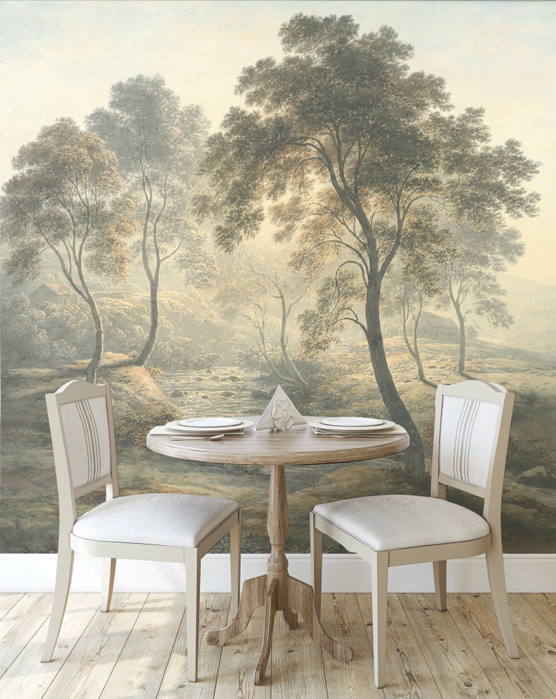 Sunny day in the hills Vintage landscape wallpaper Removable peel-and-stick Scenic painting mural, Village, trees Countryside decor wall art image 3