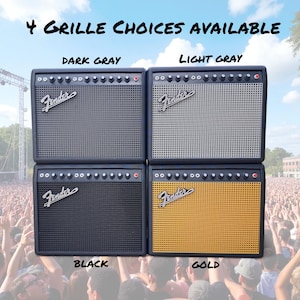 May include: Four Fender guitar amplifiers with different grille colors: dark gray, light gray, black, and gold. The text "4 GRILLE CHOICES AVAILABLE" is at the top. Each amp has the Fender logo.
