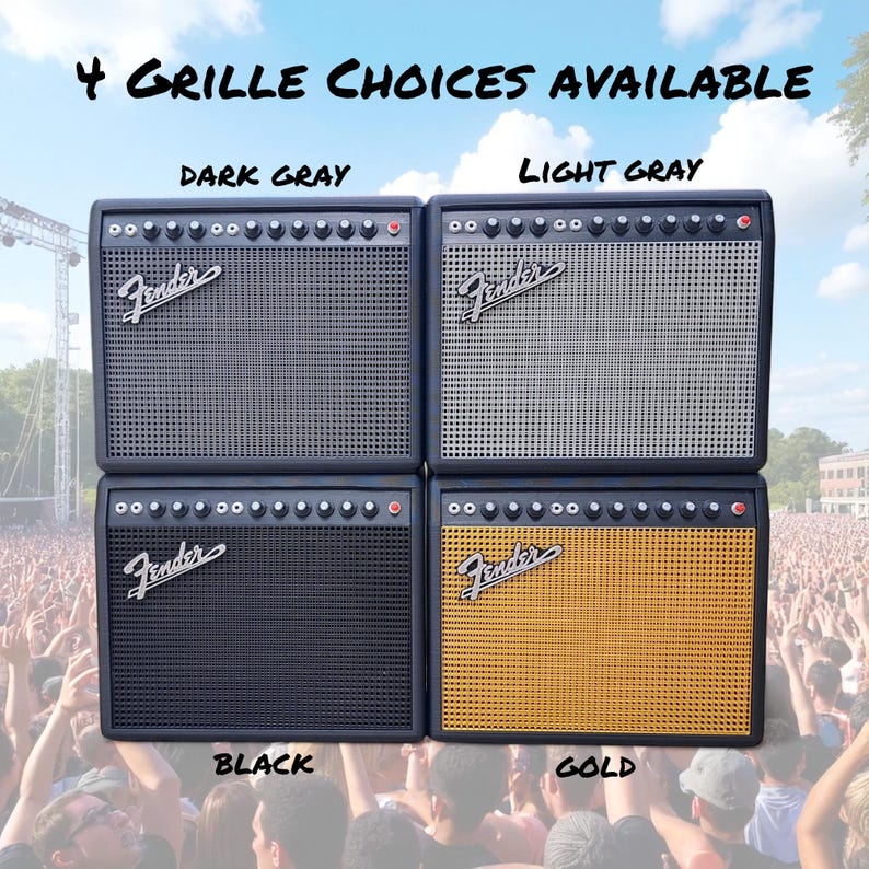May include: Four Fender guitar amplifiers with different grille colors: dark gray, light gray, black, and gold. The text "4 GRILLE CHOICES AVAILABLE" is at the top. Each amp has the Fender logo.