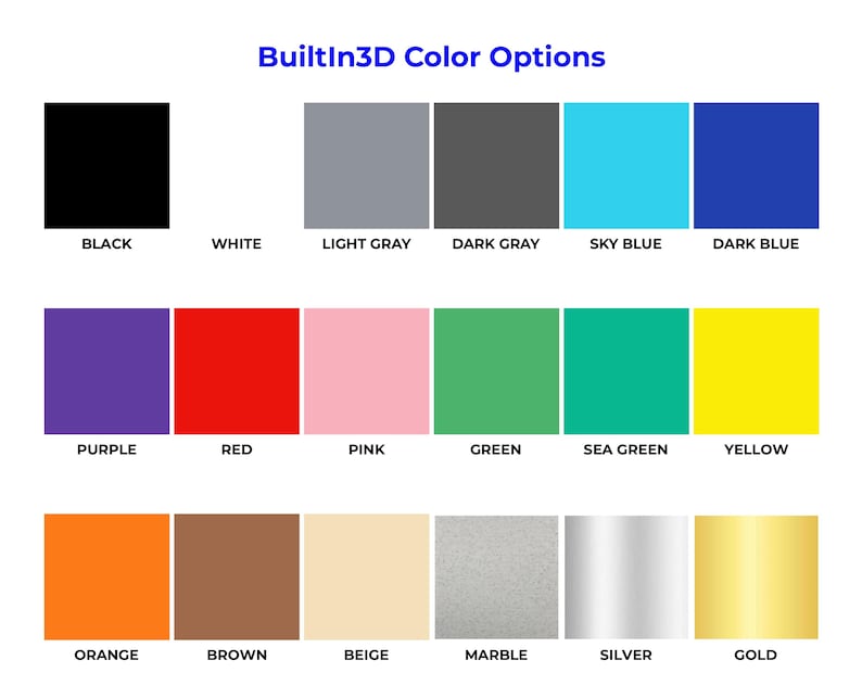 Eighteen color swatches used by BuiltIn3D store.