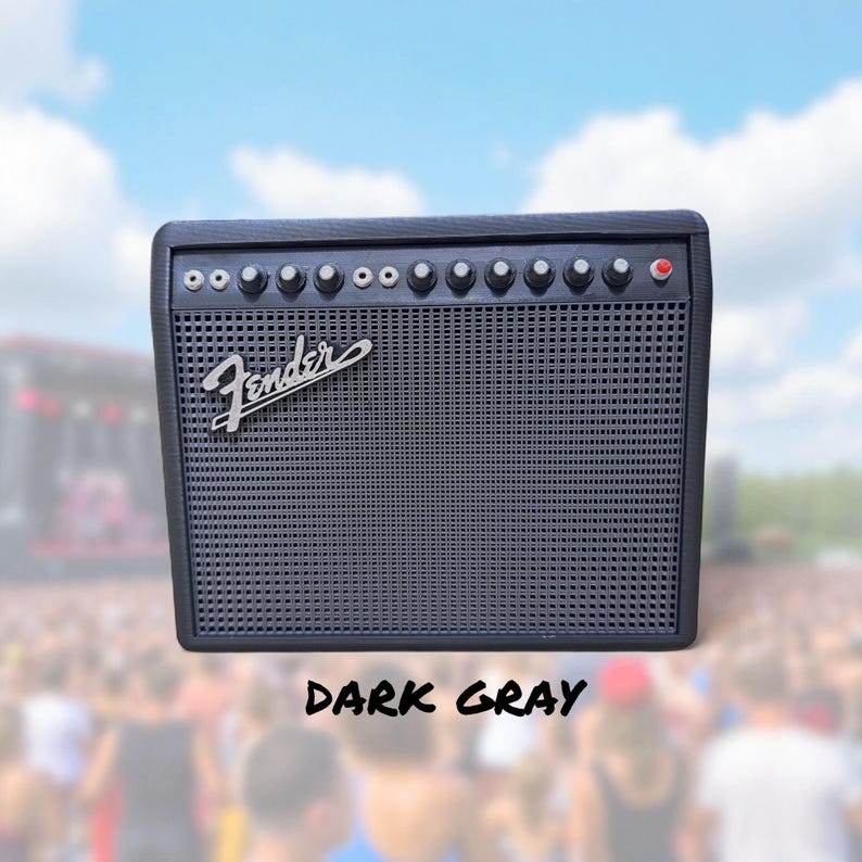 May include: Dark gray Fender guitar amplifier with a speaker grill and control knobs. The Fender logo is visible on the front. The text "DARK GRAY" is at the bottom of the image. The background is a blurred image of a crowd and a blue sky.