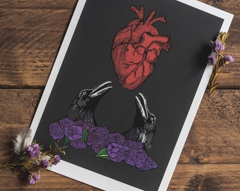 Ravens Anatomical Heart Fine Art Print, Gothic Theme Printed Artwork -  Purple Rose, Heart Illustration, Museum Quality Giclee