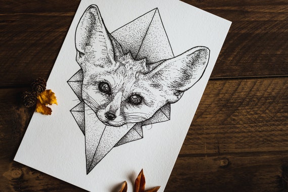 Renard Geometrique Fennec A3 Beaux Arts Dotwork Etsy